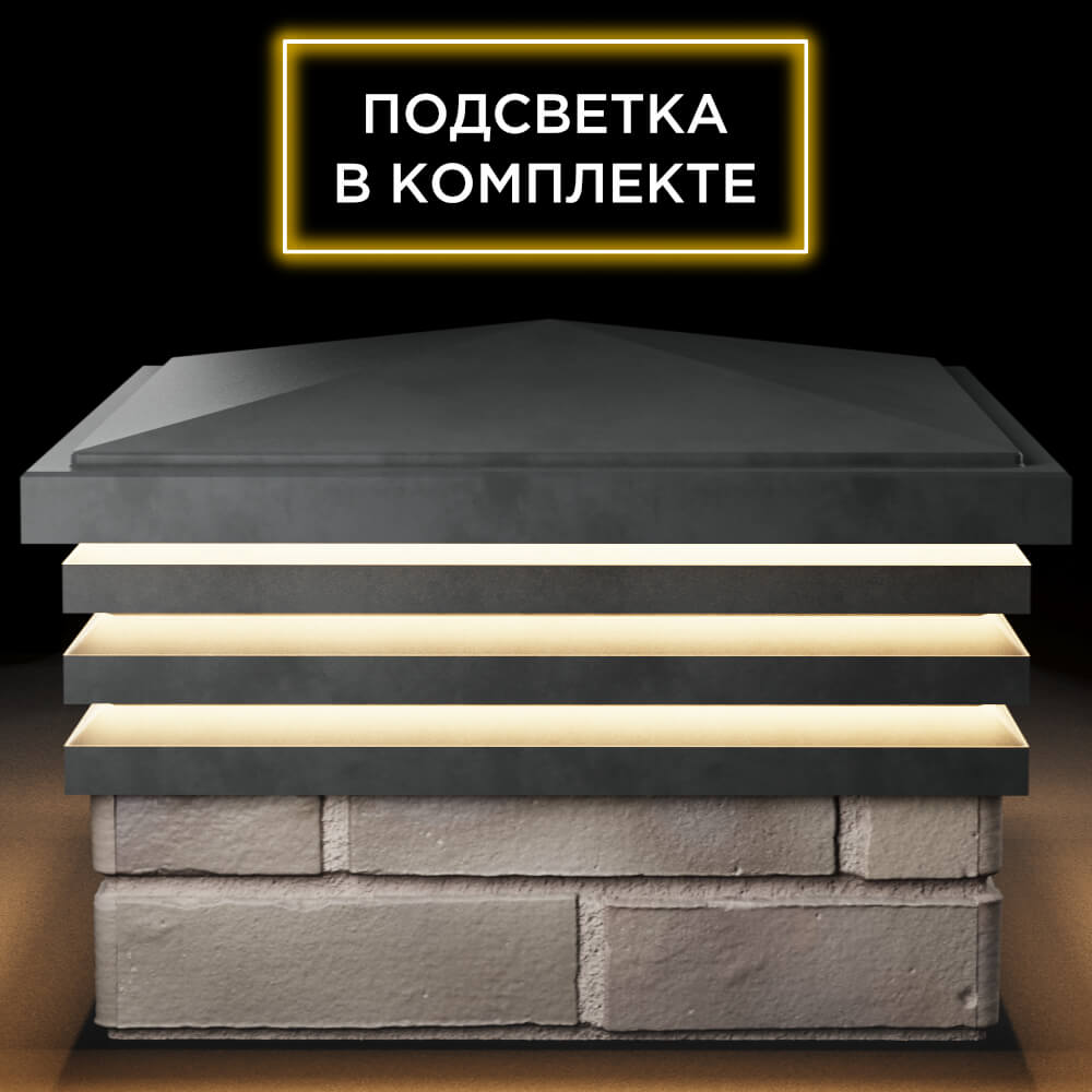 Колпак Zking Бона ХайТек Серый на столб 1.5х1.5 кирпича (385х385мм) с подсветкой Соликамск фото